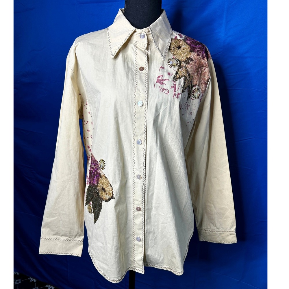 NWT Vintage Womens Boho Button Down Shirt Sz L Festival Artsy Indie Beaded Glam